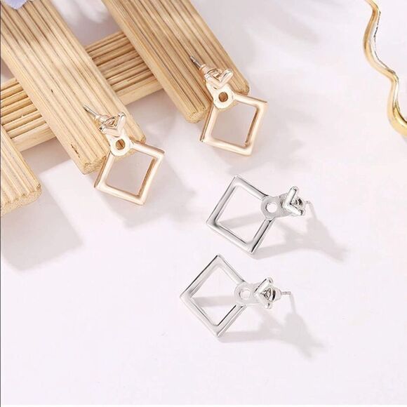 Silver Tone Square Jacket Stud Earrings - Picture 4 of 8